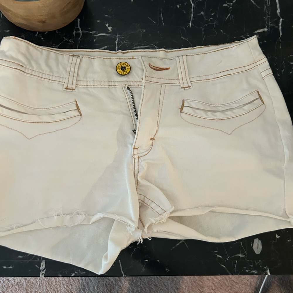 Christopher Blue Cream Jean Shorts Frayed Hem